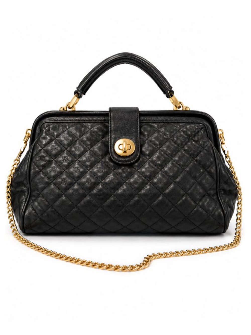 Black Quilted Leather Doctor Bag Gold Chain Top Handle Korea